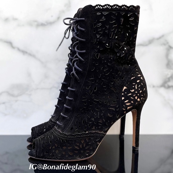Valentino laser cut black suede lace-up peep-toe ankle boots size IT 38 US 8